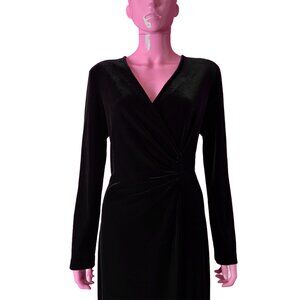 Vintage 80s/90s L Velvet Maxi Dress Black Goth Vampy Stretchy V-neck Long Sleeve